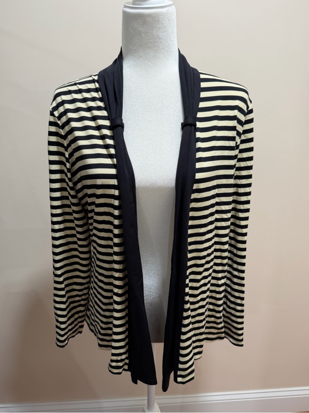 J. McLaughlin Black & Beige Stripe Catalina Cloth Open Front Cardigan Top Sz. L